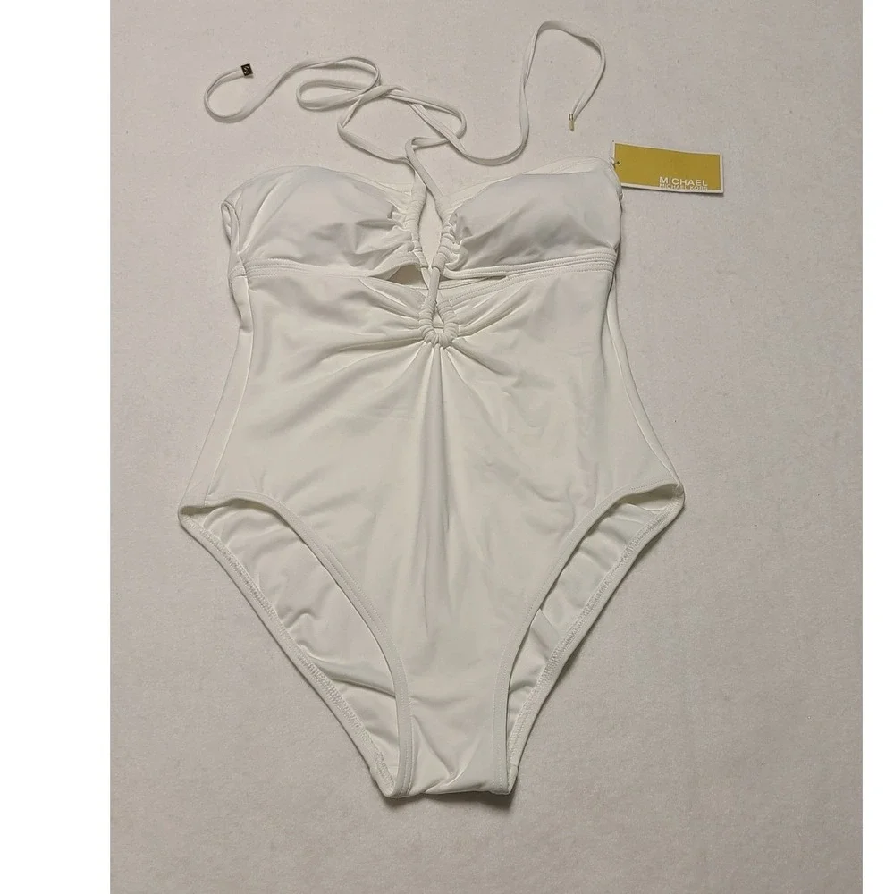 Michael Kors‎ Women's White Halter One Piece Swimsuit Keyhole Ring Detail